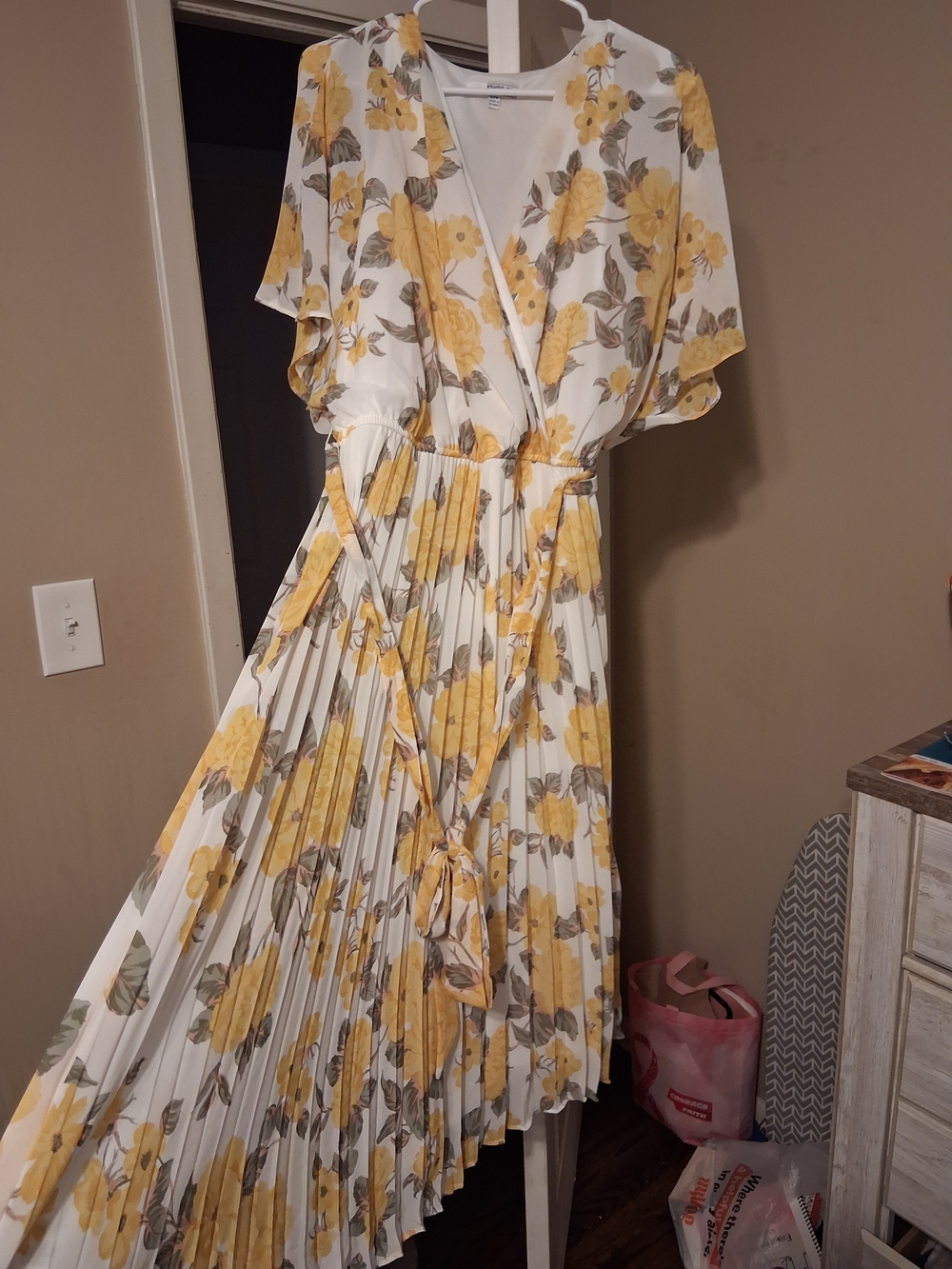 Studio One White and Yellow Floral Asymmetrical Wrap Dress